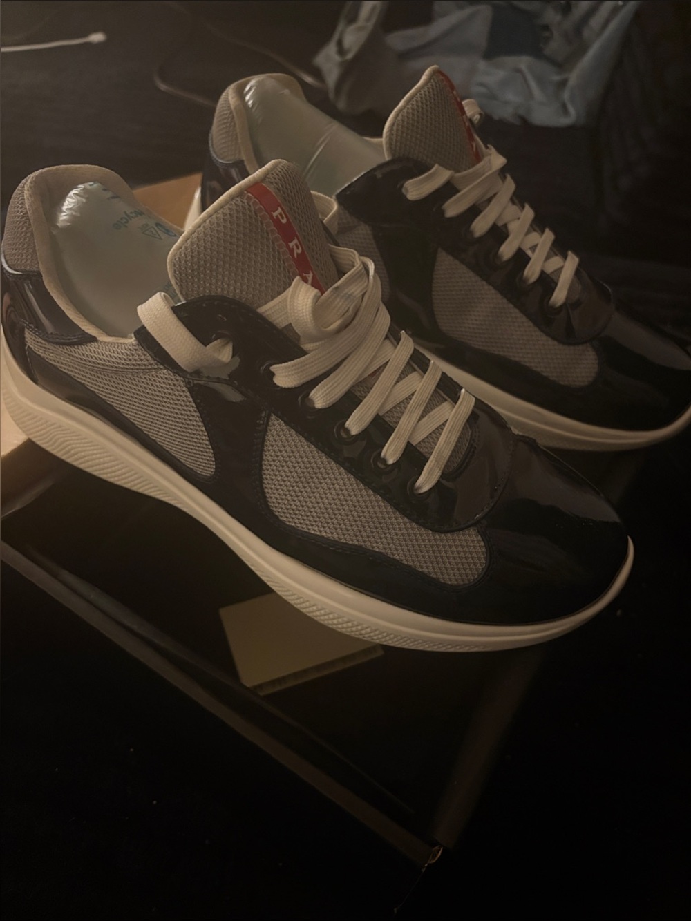 Prada Navy blue Patent & Gray Mesh Sneakers with White Laces and Red Tongue Stri - Picture 3 of 6
